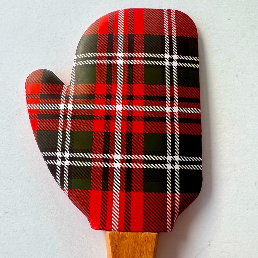 Christmas Mitten Shaped Plaid Silicone Spatula Wood Handle Joy Engraved
